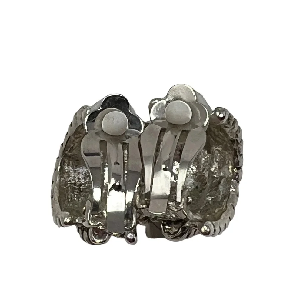 Vintage Clip On‎ Earrings Silver Tone Metal Black Accent Hoops